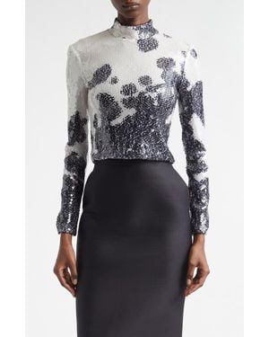 Brandon Maxwell The Maven Paillette Cow Print Mock Neck Top - Black