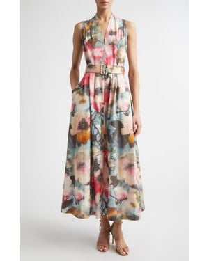 Lela Rose Floral Print Belted Cotton Dress - White