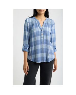 Bobeau Roll Sleeve Plaid Top - Blue