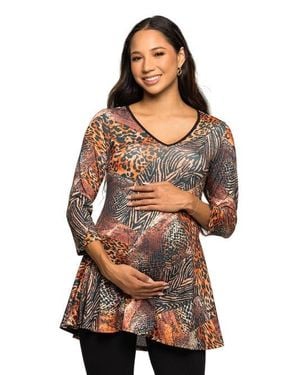 24seven Comfort Apparel Animal Print V-Neck Three Quarter Sleeve Tunic Top - Multicolor