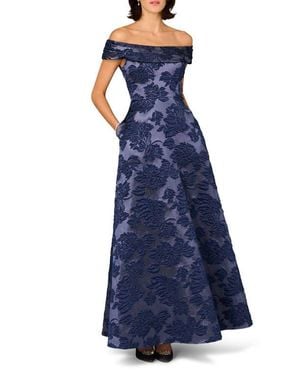 Aidan Mattox Floral Jacquard Off The Shoulder Gown - Blue