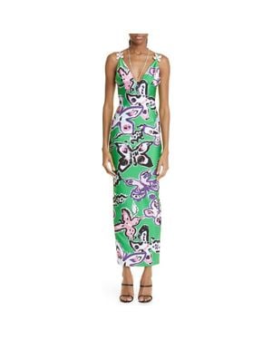 Area Butterfly Print Crystal Detail Maxi Dress - Green
