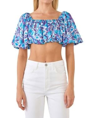 Endless Rose Floral Puff Sleeve Crop Top - Blue