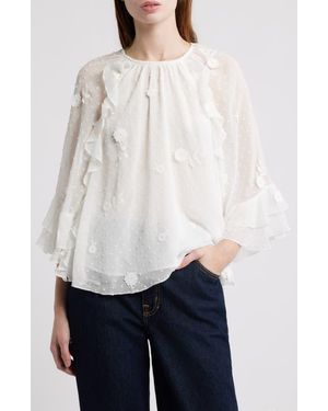 Treasure & Bond Floral Appliqué & Clip Dot Chiffon Top - White