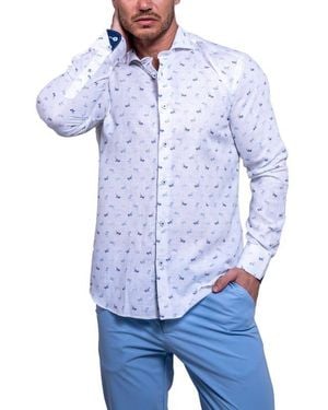 Maceoo Einstein Resistance Contemporary Fit Lizard Print Linen & Cotton Button-Up Shirt - Blue