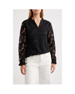 NIKKI LUND Kang Lace Appliqué Split Neck Top - Black