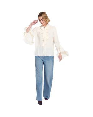 Elle Collection Flounce-Trimmed Tie-Neck Blouse Top - White