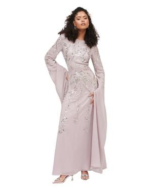 MARYISA Occasion Modest Embellished Sequin Beaded Cowl Neck Evening Maxi Dress - Pink