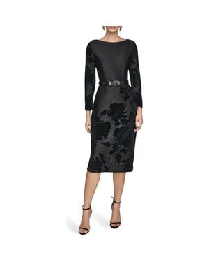 Donna Karan Velvet Floral Belted Long Sleeve Sheath Dress - Black