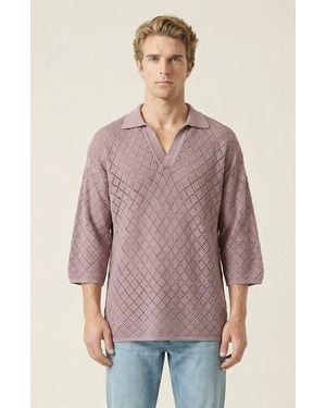 Modenaire Textured Quarter Sleeve Knit Polo Sweater - Purple