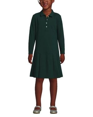 Lands' End Girls Long Sleeve Mesh Pleated Polo Dress - Green