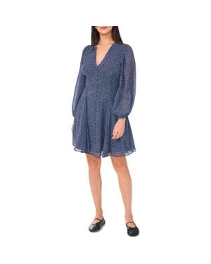 1.STATE Floral V-Neck Long Sleeve Button Front Dress - Blue