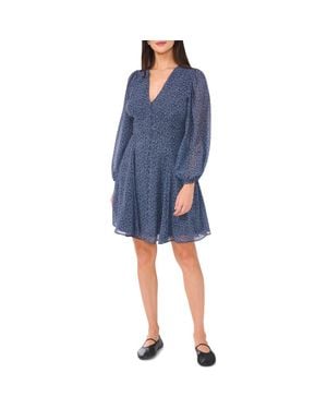 1.STATE Floral V-Neck Long Sleeve Button Front Dress - Blue