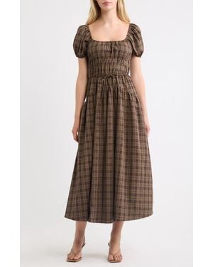 Moon River Sweetheart Neck Puff Sleeve Midi Dress - Brown