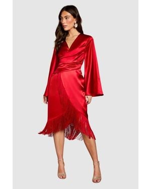 Coast Satin Fringed V-Neck Wrap Dress - Red