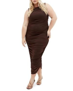 City Chic Halo Sleeveless Ruched Mesh Dress - Brown