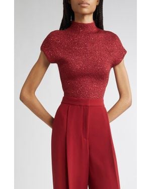 Lela Rose Sequin Knit Short Sleeve Mock Neck Top - Red