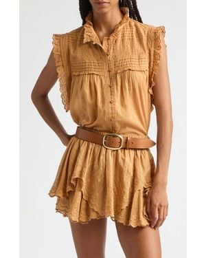Isabel Marant Dersia Embroidery & Pleat Detail Sleeveless Cotton Button-Up Shirt - Orange