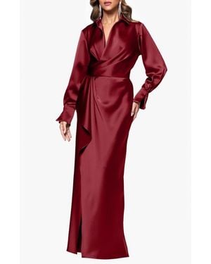 Xscape Evenings Collar Long Sleeve Satin Gown - Red