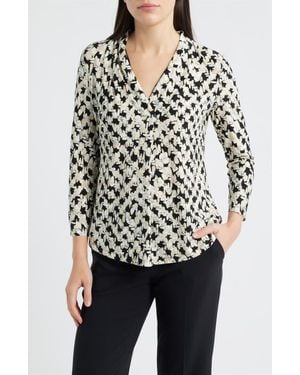 Anne Klein Print Pleat Three-Quarter Sleeve Top - White