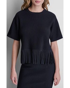 DKNY Fringe Short Sleeve Sweater - Black