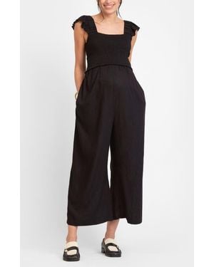 Seraphine Smocked Wide Leg Maternity/Nursing Jumpsuit - Black