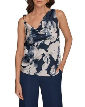Donna Karan Floral Asymmetric Sleeveless Hardware Accent Top - Blue
