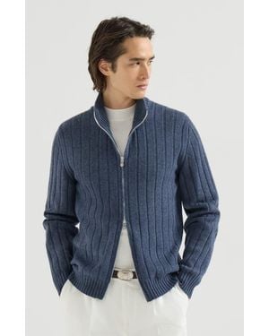 Brunello Cucinelli Cashmere Ribbed Cardigan With Zip - Blue