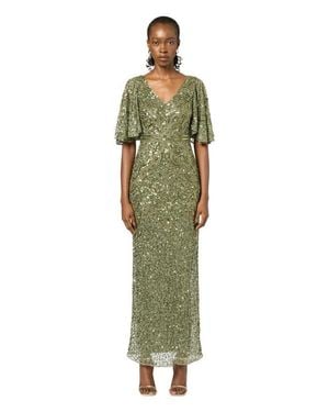 Beauut Occasion Embellished Sequin Beaded V Neck With Short Sleeves Evening Dress - Green
