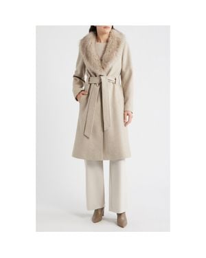 BCBGMAXAZRIA Belted Wrap Coat With Faux Fur Collar - Natural