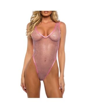 ROMA CONFIDENTIAL Think Crystal Fishnet Thong Teddy - Pink
