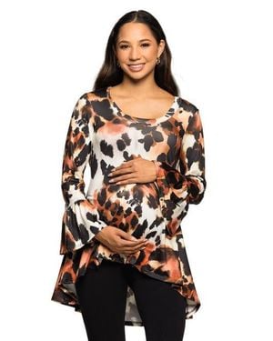 24seven Comfort Apparel Scoop Neck Bell Sleeve Tunic Top Animal Print - Black