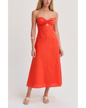 Crescent Front Twist Linen Midi Dress - Red