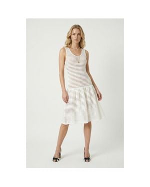 Modenaire Sleeveless Eyelet Pattern Flared Hem Knit Dress - White