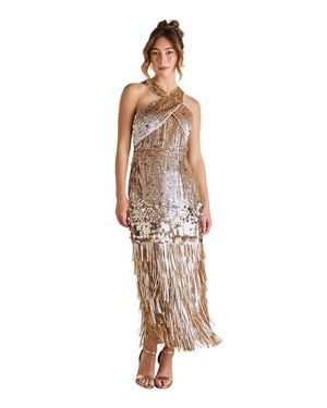 Coast Sequin Tassel Halter Neck Dress - Metallic