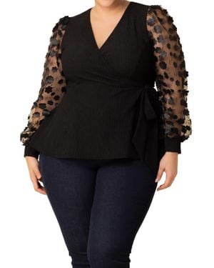 Kiyonna Scattered Petals 3D Sleeve Peplum Wrap Top - Black