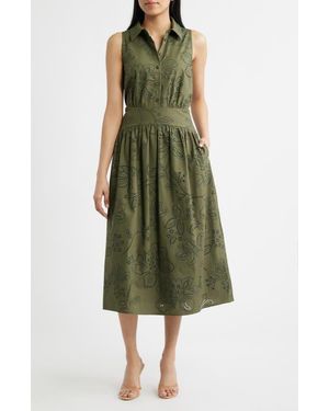Sam Edelman Eyelet Sleeveless Midi Shirtdress - Green