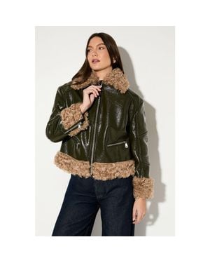 MissPap Premium Faux Fur Collar Aviator Jacket - Green