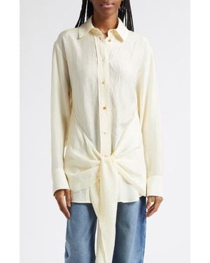OSSOU Arroyo Tie Front Crinkle Satin Button-Up Shirt - Natural
