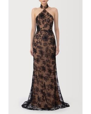 SAU LEE Adelaide Beaded Sheer Detail Gown - Black