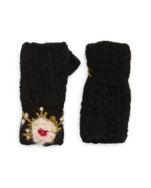 French Knot Mae Embroidered Fingerless Mohair & Wool Gloves - Black