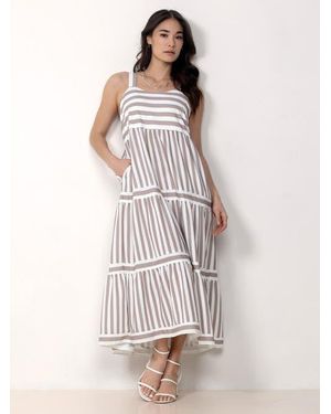 Single Stitch Striped Tiered Maxi Dress - White