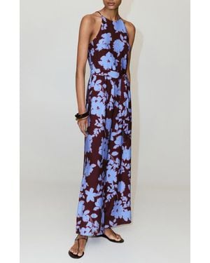 Mango Print Belted Sleeveless Jumpsuit - Blue
