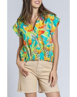 Apny Print Wrap Front Cotton High-Low Top - Multicolor