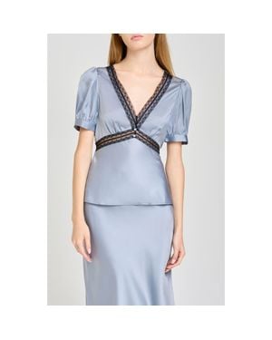 Wayf Felicity Lace Trim V-Neck Satin Top - Blue