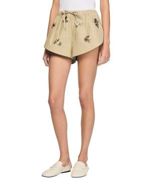 Sandro Floral Embroidered Striped Shorts - Natural