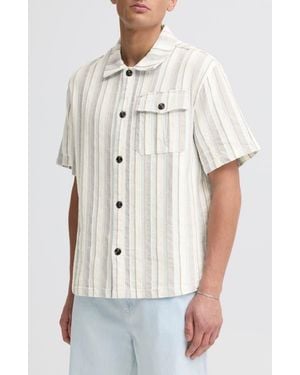 Solid Umber Stripe Short Sleeve Linen Blend Button-Up Shirt - White