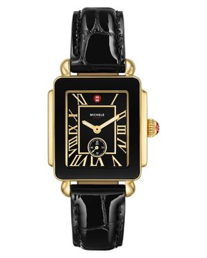 Michele Deco Sport Mid Leather Strap Watch, 29Mm X 31Mm - Black