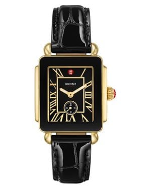 Michele Deco Sport Mid Leather Strap Watch, 29Mm X 31Mm - Black