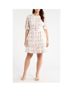 Sugarlips Diane Floral Redna Belted Cotton Button-Up Minidress - White